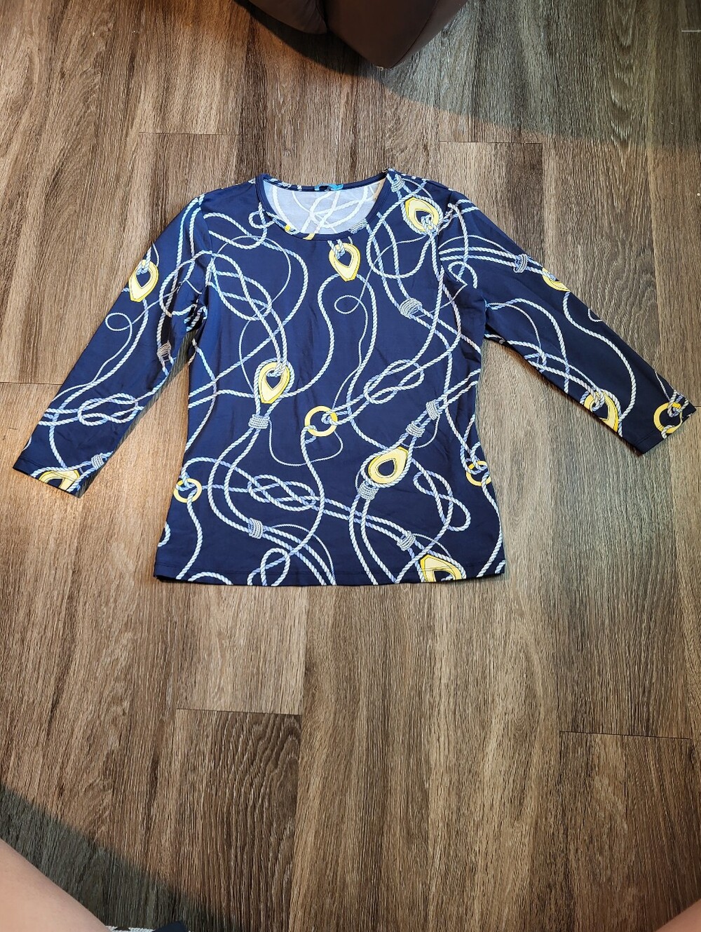J. McLaughlin Navy Long-Sleeve Rope Print Top with Yellow Accents